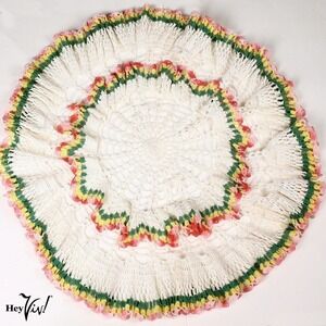 Vintage Cotton Crochet Table Cloth Topper Hand Made Ruffle Rainbow Edge -Hey Viv